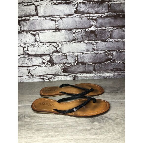 Mystique Black Leather Snake Skin Thong Flip Flops Sandals Women Sz 9M US/40EU - Picture 12 of 16